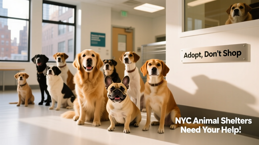A group of friendly dogs awaiting adoption at a bright, clean NYC shelter facility