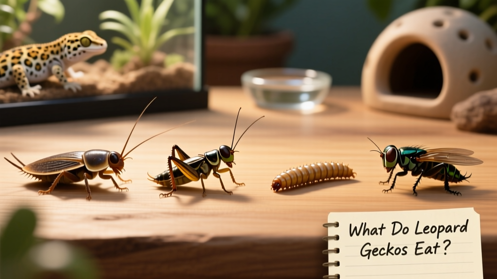Side-by-side comparison of common feeder insects: dubia roaches, crickets, mealworms, and soldier fly larvae