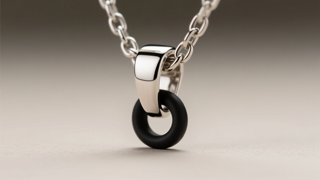 Macro shot of a silver Mjolnir pendant bail fitted with a small black silicone o-ring spacer to stop it from flipping on a chain.
