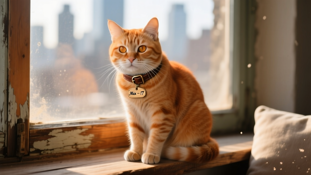 Senior orange tabby cat sitting calmly on a sunlit windowsill, looking alert and content