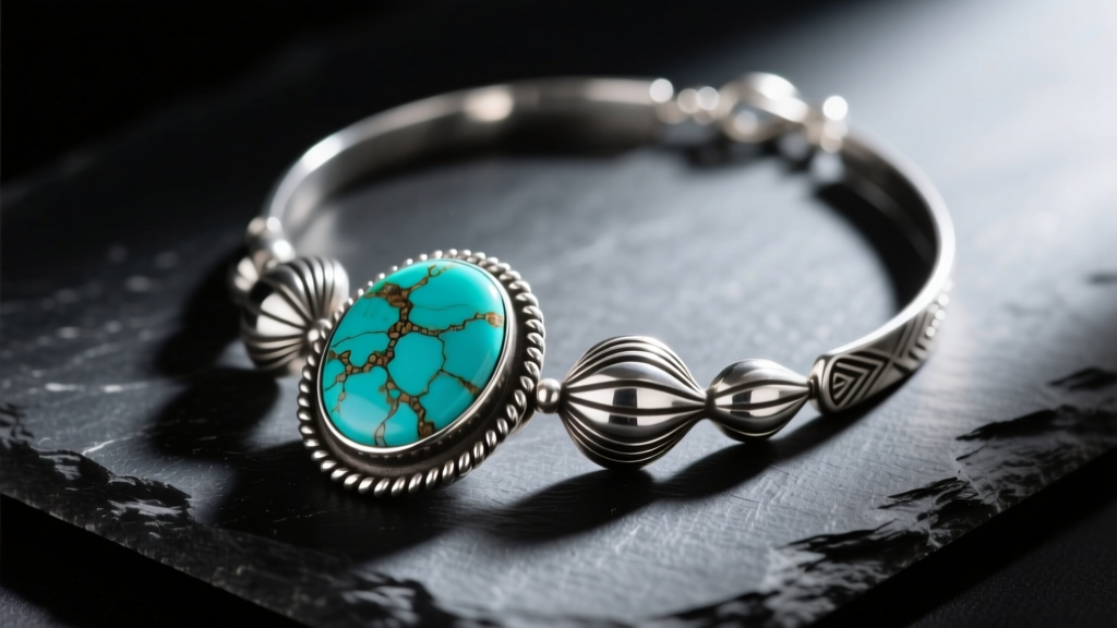 Close-up of a heavy-gauge sterling silver Navajo squash blossom necklace with natural Kingman turquoise, resting on dark slate.