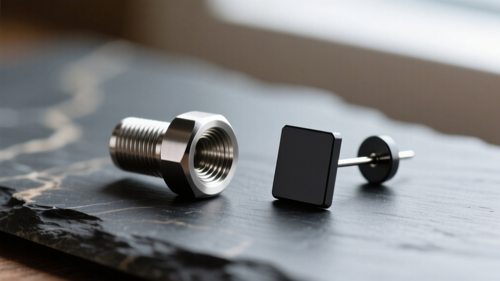 Macro shot comparing an internally threaded titanium post next to a threadless push-pin flat back earring on a dark slate surface.