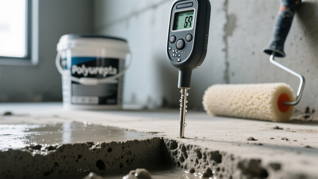 Close-up of a moisture meter probe inserted into a porous concrete basement slab, with a polyurea coating bucket and roller visible in the blurred background