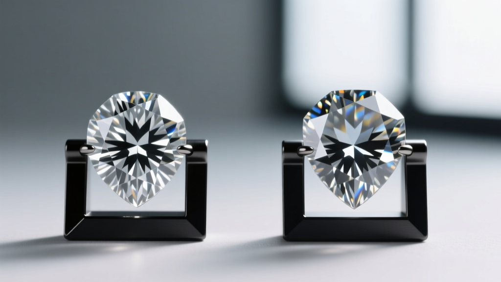 Macro comparison of a mined diamond and a CVD lab-grown diamond, showing identical refractive properties under a jeweler's loupe