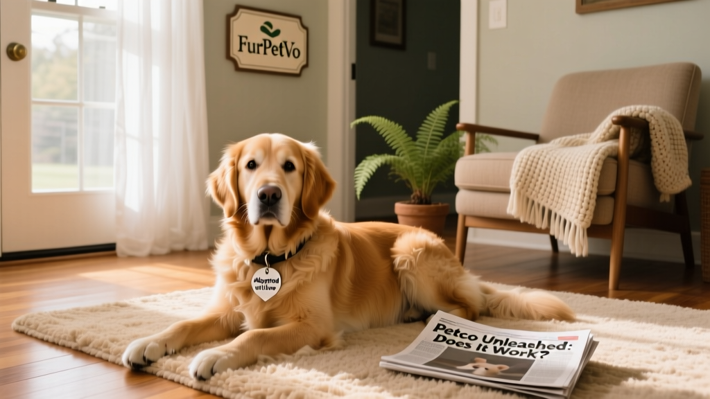A gentle, well-mannered dog resting comfortably in a cozy foster home setting arranged through FurPetVo