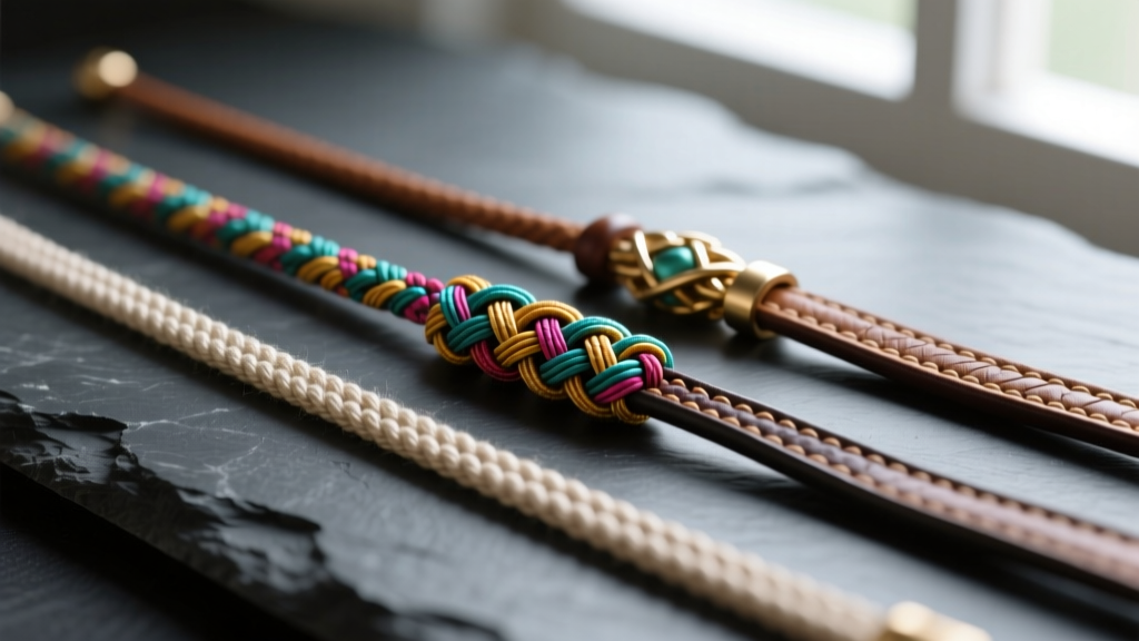 Macro shot of three jewelry cords: waxed cotton, Chinese knotting nylon, and genuine leather, laid parallel on dark slate