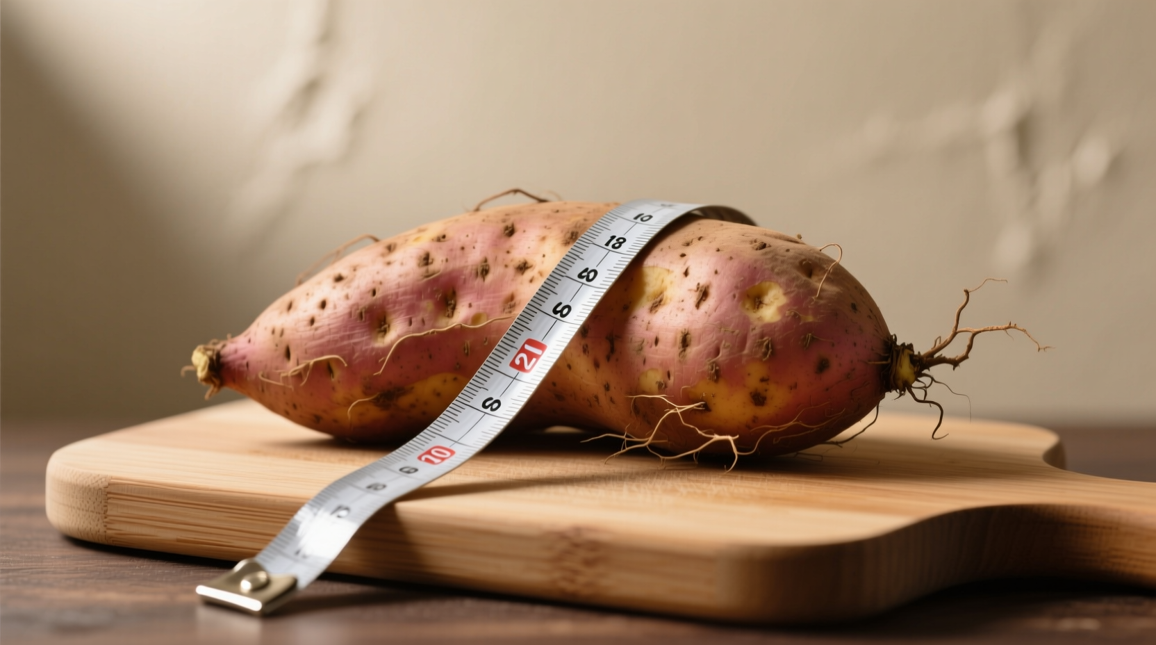 Medium sweet potato on cutting board with measuring tape