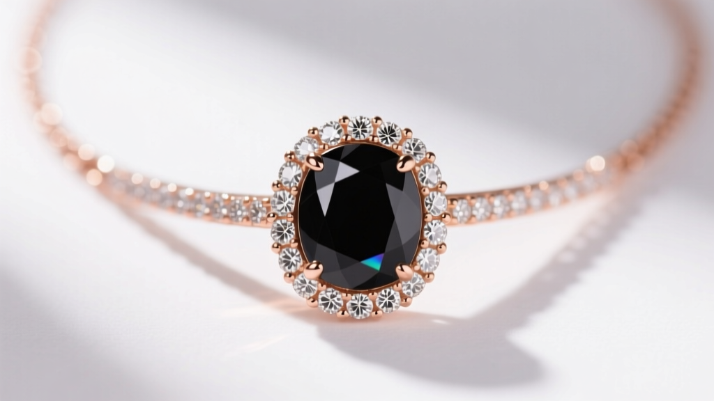 Close-up of a 14k rose gold onyx necklace with a diamond halo, showcasing the stone's glassy luster and smooth cabochon polish.