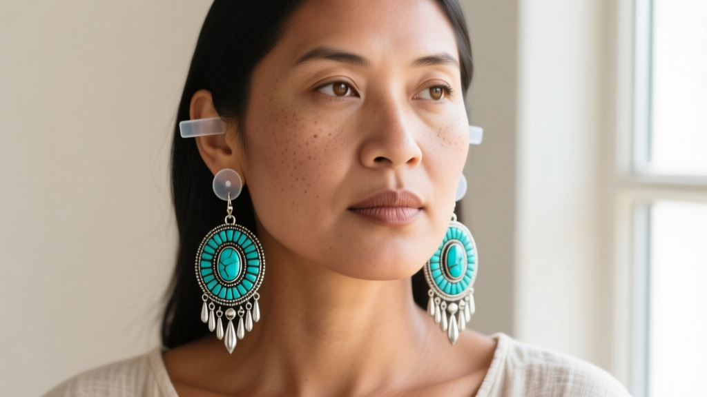 Profile of woman wearing heavy turquoise Navajo squash blossom dangle earrings supported by clear silicone earlobe support patches