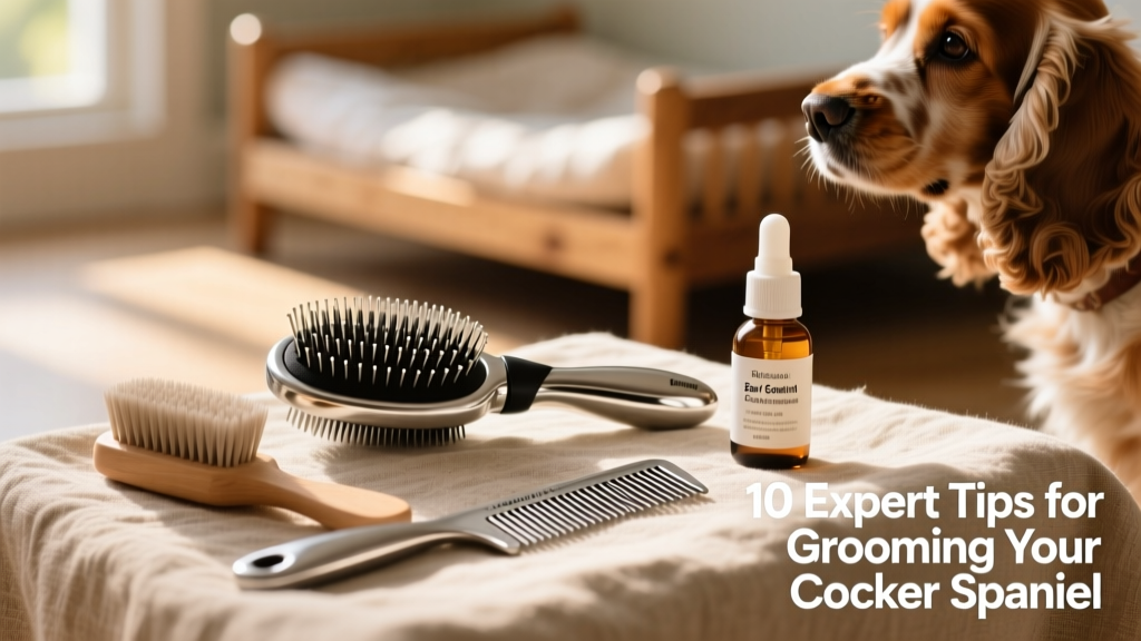 Close-up of grooming tools laid out neatly: slicker brush, pin brush, stainless steel comb, and dog-safe ear cleaning solution