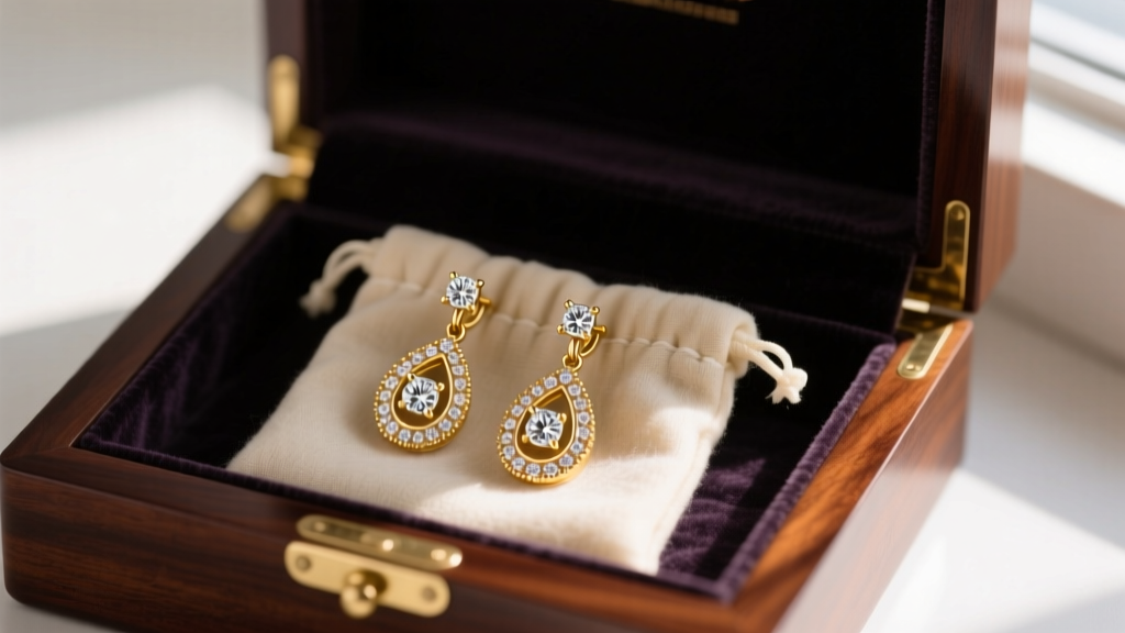 18k gold diamond drop earrings placed into anti-tarnish flannel pouches inside a dark, velvet-lined wooden jewelry storage box.