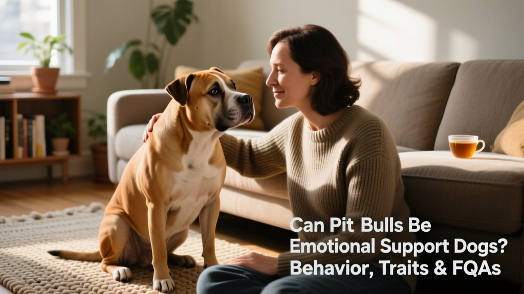 A Pitbull sitting attentively beside its owner during a quiet moment at home, making gentle eye contact
