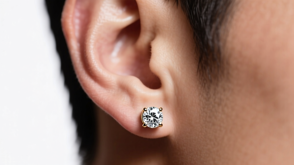 Close-up of a masculine earlobe wearing a white gold bezel-set diamond stud earring, studio lighting, sharp focus on metal texture.
