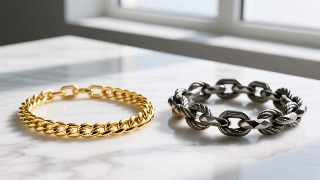 Side-by-side view of a delicate 18k yellow gold wheat chain and a thick Grade 5 titanium rope chain displayed on white marble.