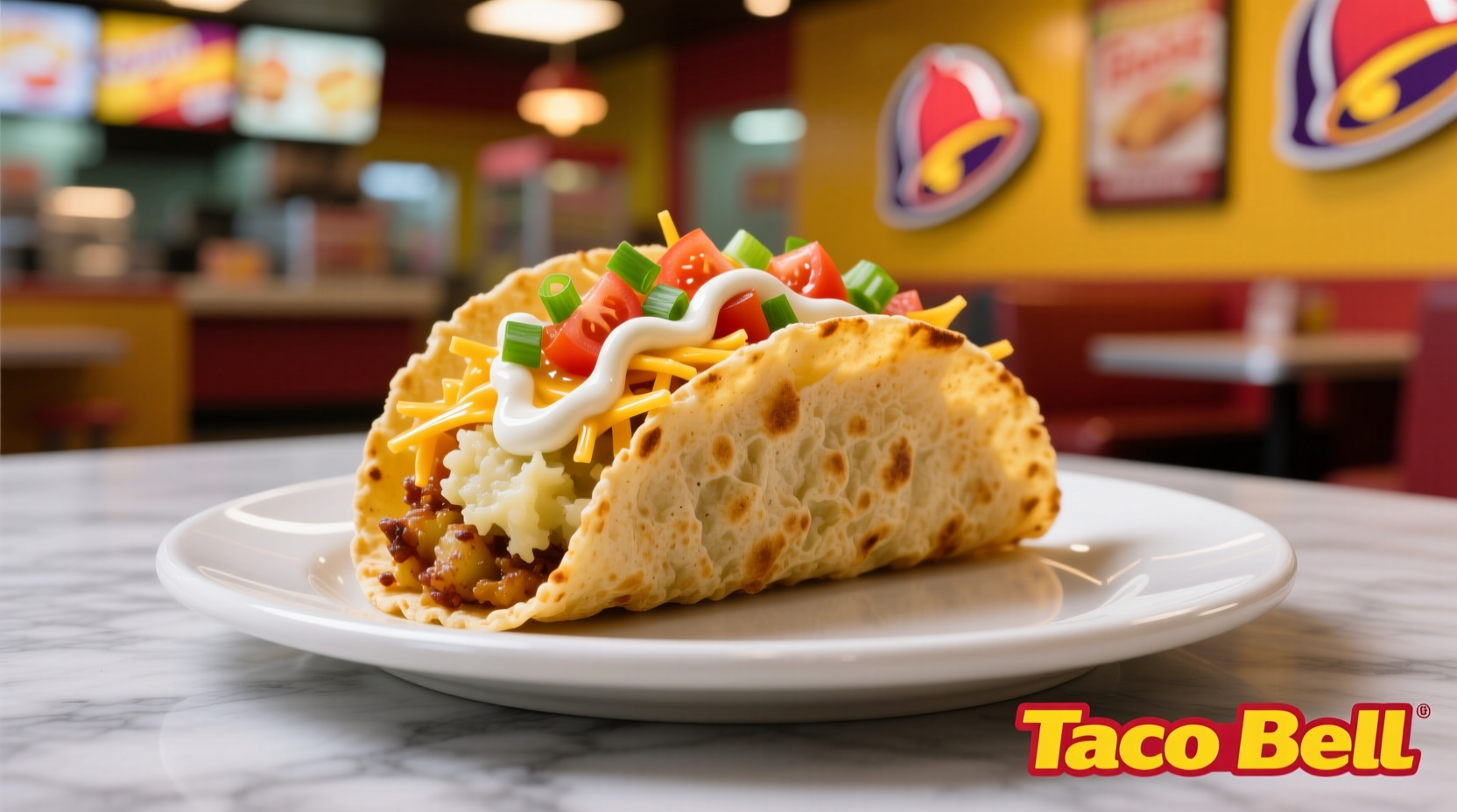 Taco Bell potato taco on white plate with ingredients