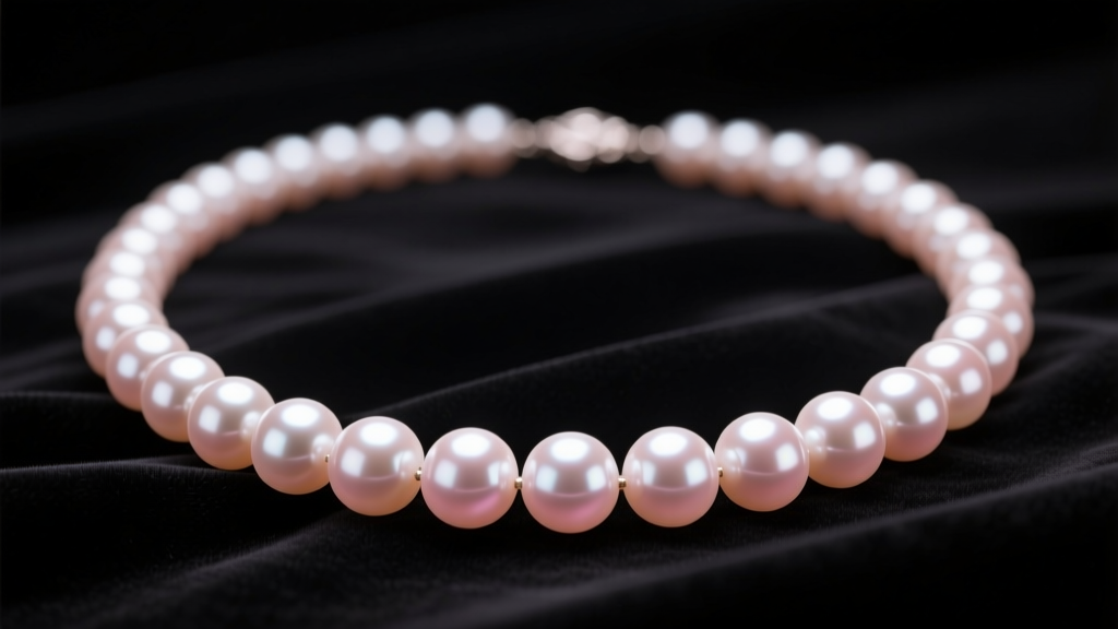 Elegant 16-inch Akoya pearl necklace on dark velvet, soft lighting highlighting mirror-like luster and a delicate rose overtone.