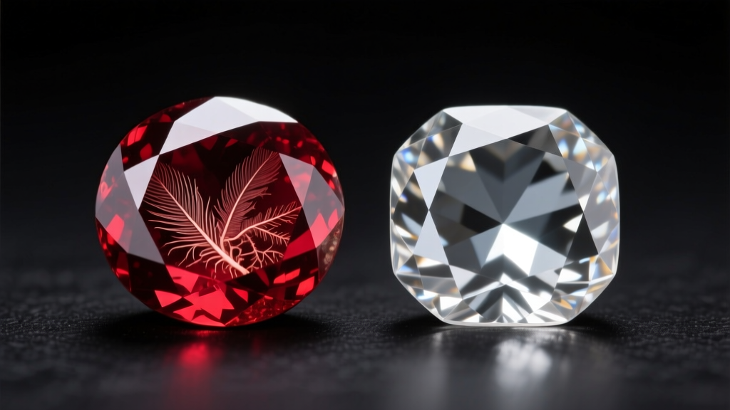 Macro photography comparing a natural inclusion-heavy antique ruby with a modern lead-glass-filled ruby under gemological lighting.