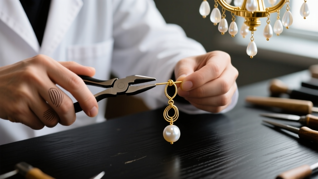 Jeweler using nylon-jaw pliers to straighten a bent 24-gauge gold wire component of a pearl chandelier earring on a dark workbench