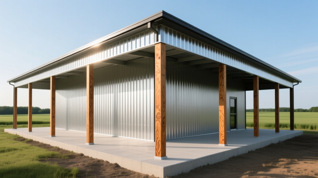 Newly built 40x60 pole building featuring 26-gauge steel siding, pressure-treated wooden posts, and a smooth concrete apron