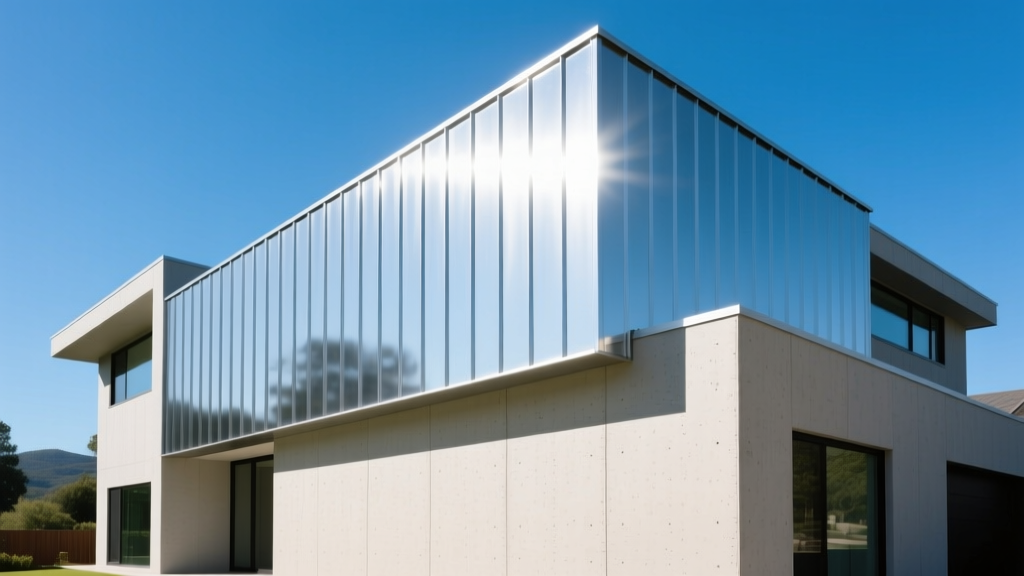 Modern home exterior featuring highly reflective standing seam metal roofing and light-colored fiber cement siding under bright, direct summer sunlight