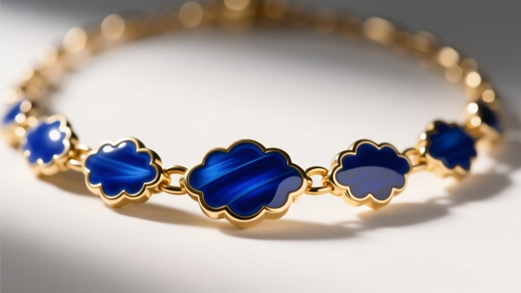 Macro view of a vintage Anne Klein necklace showing cobalt blue cold enamel inlay set within scalloped gold-tone brass links.