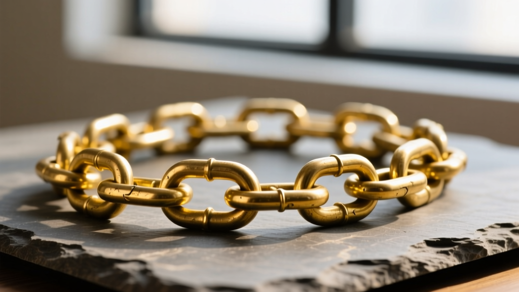Macro view of a 14-gauge raw brass curb chain on slate, showing warm golden-yellow metallic luster and intricate link overlaps.