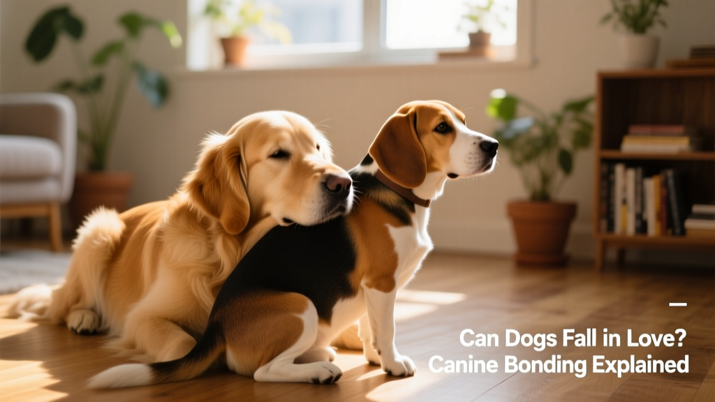 A golden retriever gently resting its head on the back of a calm, seated beagle