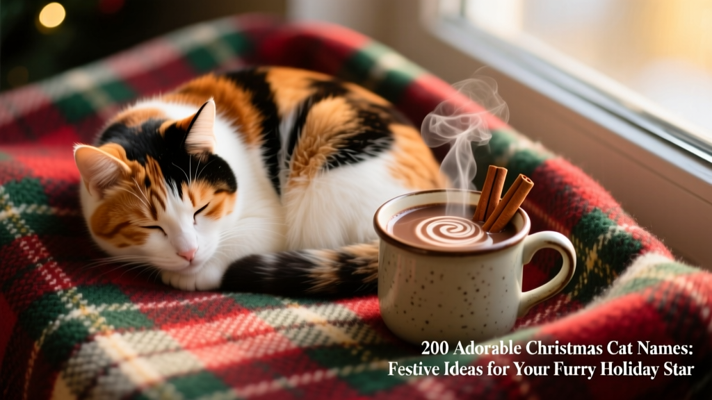 A sleepy calico cat curled up on a plaid Christmas blanket next to a mug of steaming cocoa and cinnamon sticks