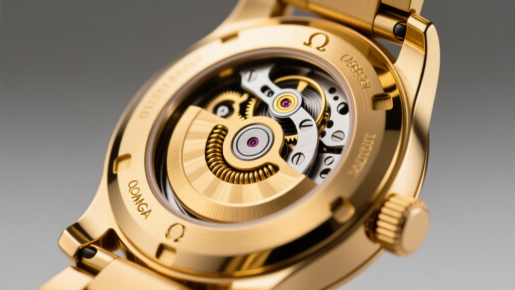Close-up of an 18k gold omega back clasp partially opened, revealing the internal spring coil and polished hinge pin on grey