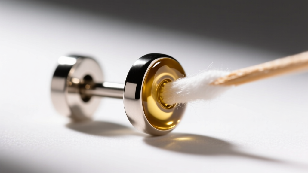 Macro shot of a titanium earring post with a stuck push back, showing clear jojoba oil applied carefully using a small cotton swab.