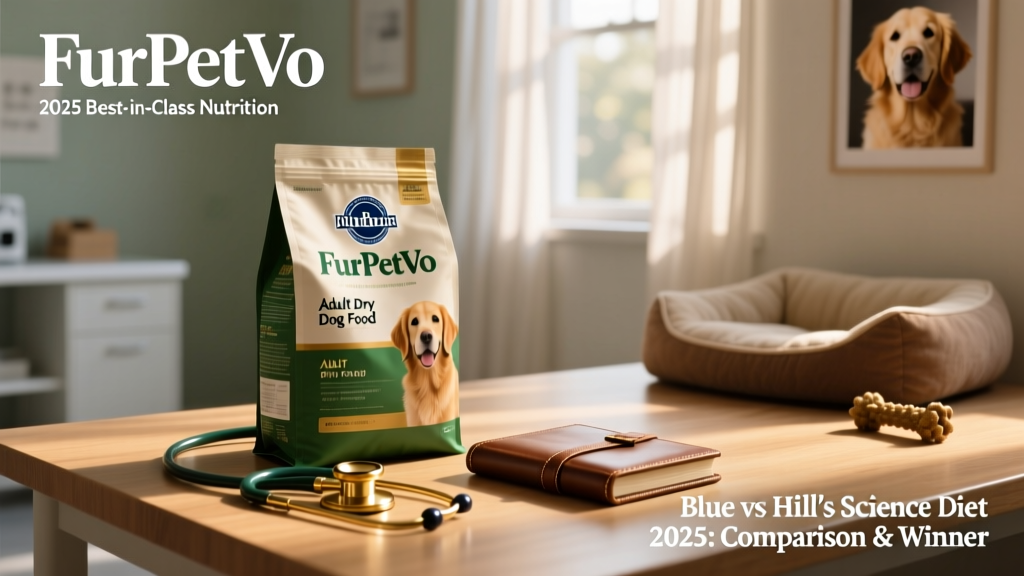 FurPetVo Adult Dry Dog Food bag displayed beside a veterinarian's stethoscope and notepad