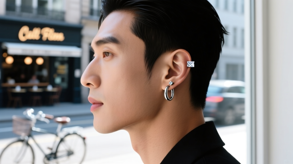 Side profile of man with ear stack featuring silver hoop huggie and tiny CZ tragus stud against blurred urban street background