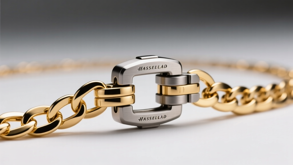 Close-up of a brushed titanium modular necklace stacking clasp connecting three 18k gold chains under bright studio lighting.