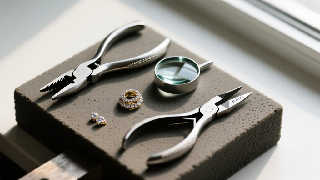 Overhead view of jewelry repair tools including flat-nose pliers, a 10x loupe, and flush cutters arranged on a rubber bench block.