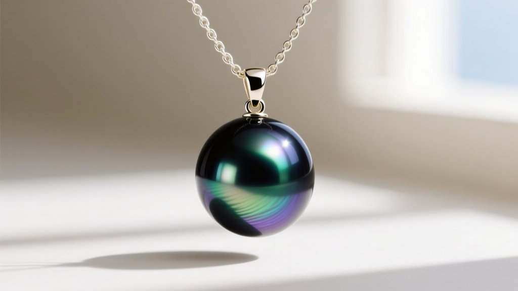Macro shot of a Tahitian black pearl pendant on a white gold chain, revealing deep peacock green overtones and a flawless surface