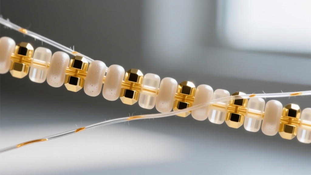 Macro shot of cylindrical Miyuki Delica seed beads in matte champagne and gold, threaded on translucent Fireline beading thread.