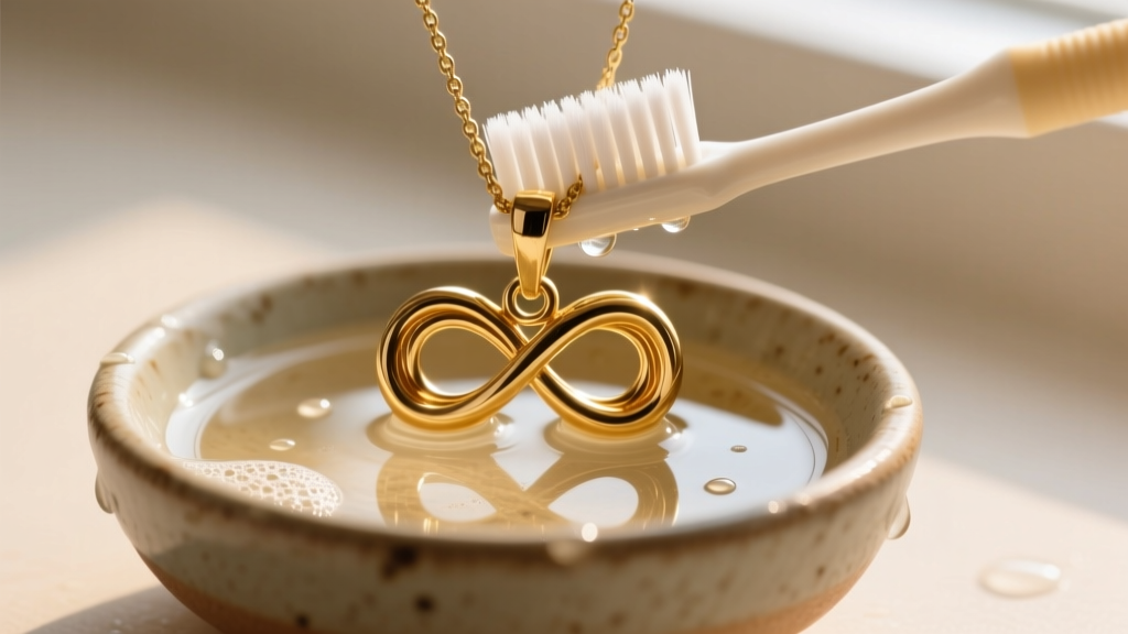Soft toothbrush gently scrubbing the overlapping loops of a gold infinity pendant in a small ceramic bowl of warm soapy water.