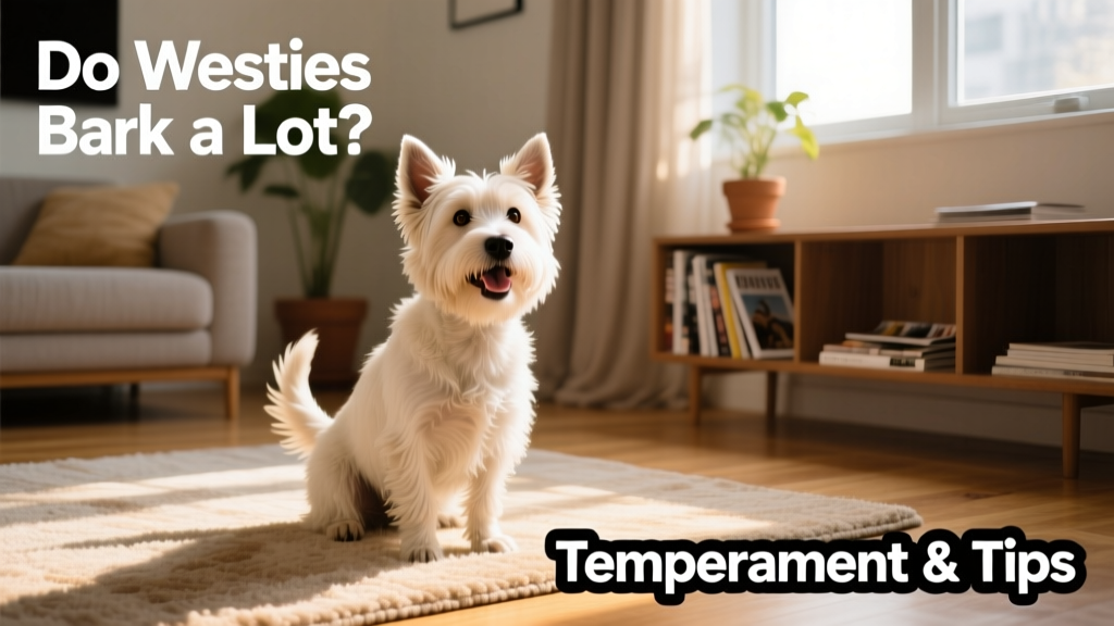 A happy, alert Westie sitting upright on a sunlit living room rug, ears perked and tail wagging