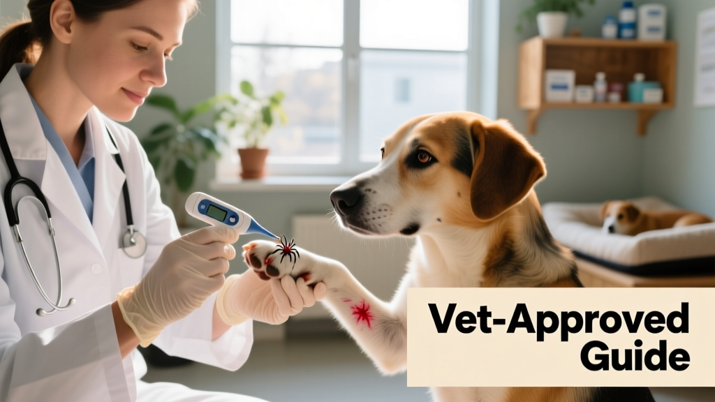 Veterinarian examining a dog’s paw while holding a digital thermometer and wearing gloves