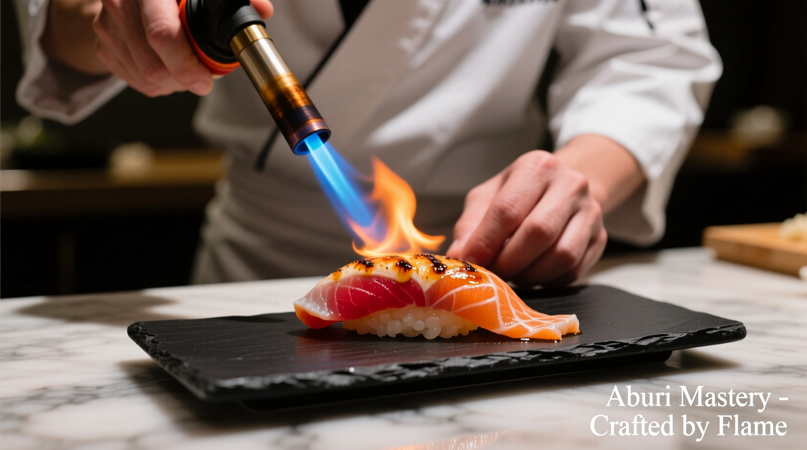 Chef preparing aburi sushi with culinary torch