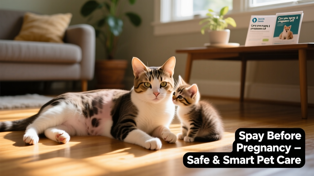 Happy, healthy spayed adult cat lounging comfortably beside a small kitten, symbolizing responsible pet care
