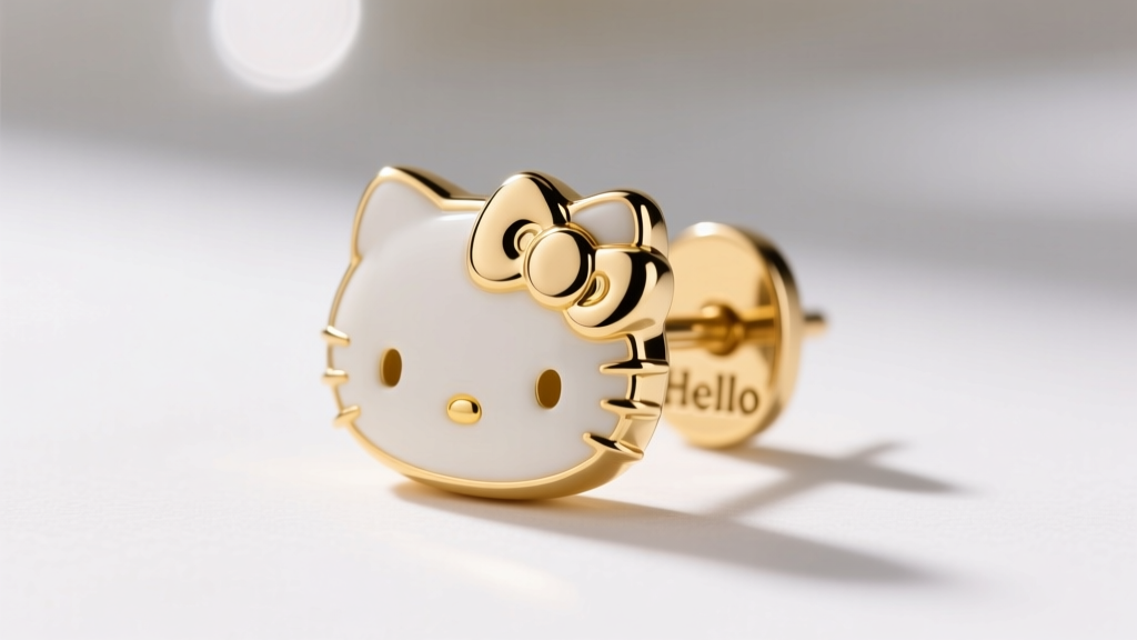 Macro shot of gold-tone Hello Kitty earring post, showing surgical steel stamp and smooth enamel bow detail under bright light.