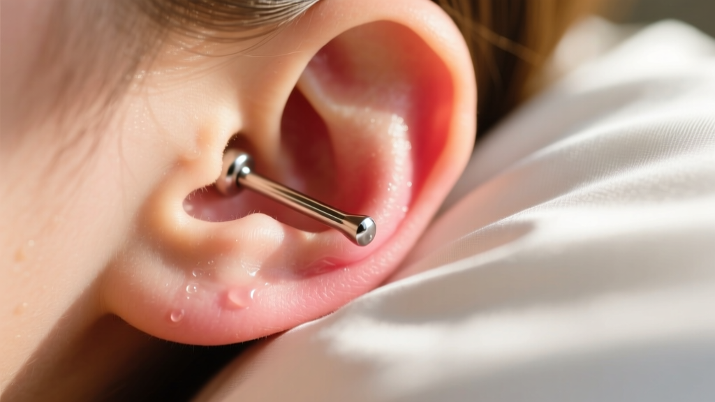 Freshly pierced earlobe with a flat-back titanium labret stud resting softly on a white silk pillowcase in warm morning light