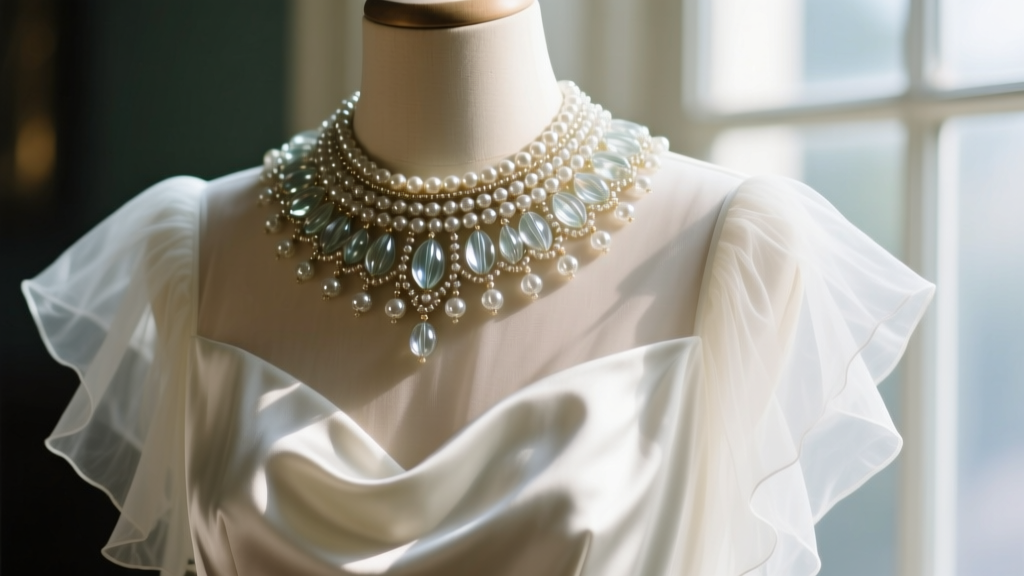 Close-up of a vintage silk flapper necklace dress with a heavy, integrated glass-beaded collar resting on acid-white tissue paper.
