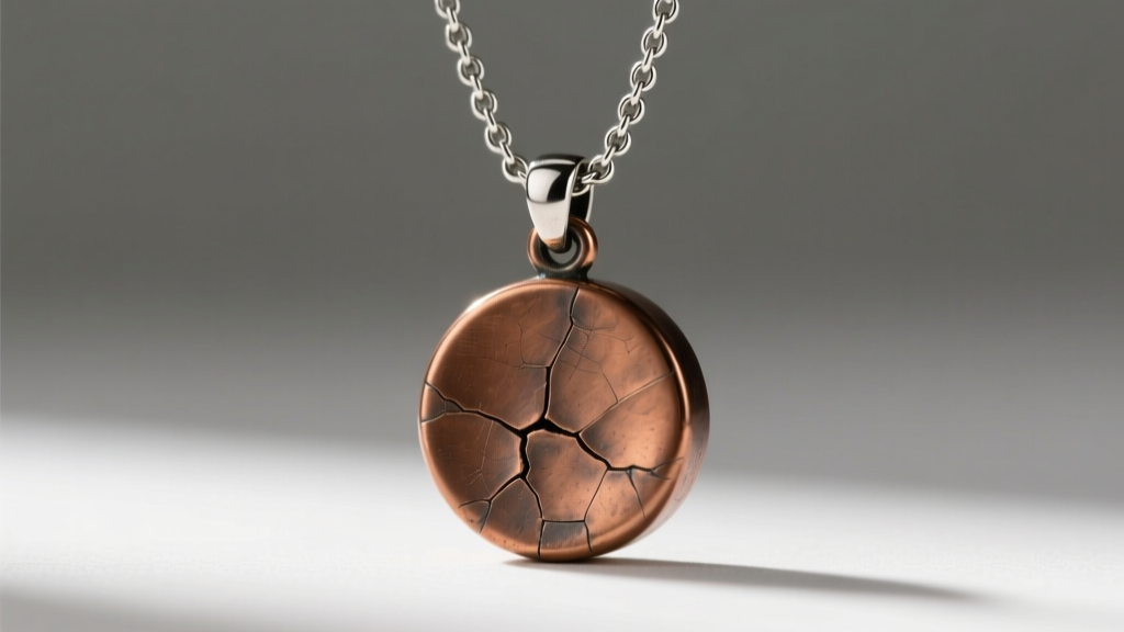 Heavy 25-gram solid bronze pendant hanging on a delicate 0.9mm oxidized silver rolo chain, highlighting stress on the jump ring