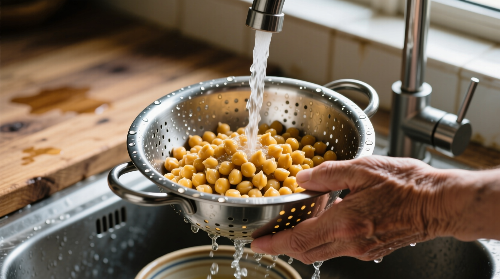 Hand rinsing chickpeas in colander