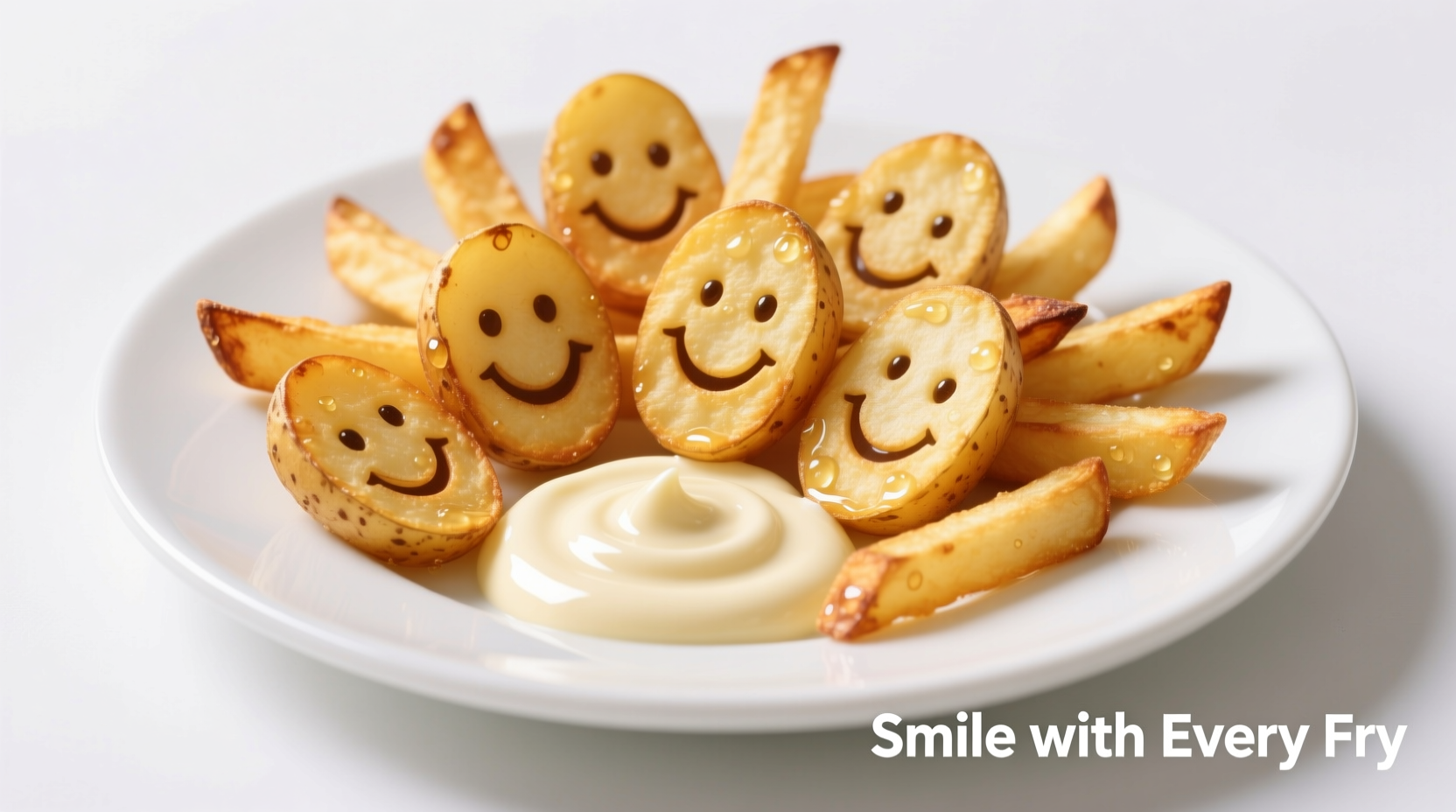 Golden smiley potato fries on white plate with dipping sauce