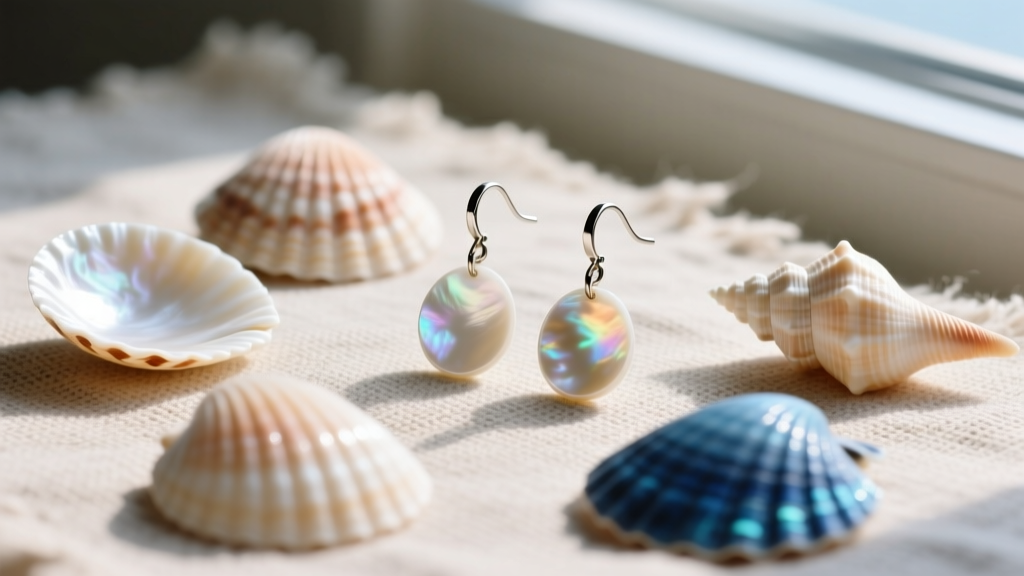 Flat lay of shell dangle earrings on textured linen, featuring puka, mother of pearl, and conch shells with matte titanium posts.