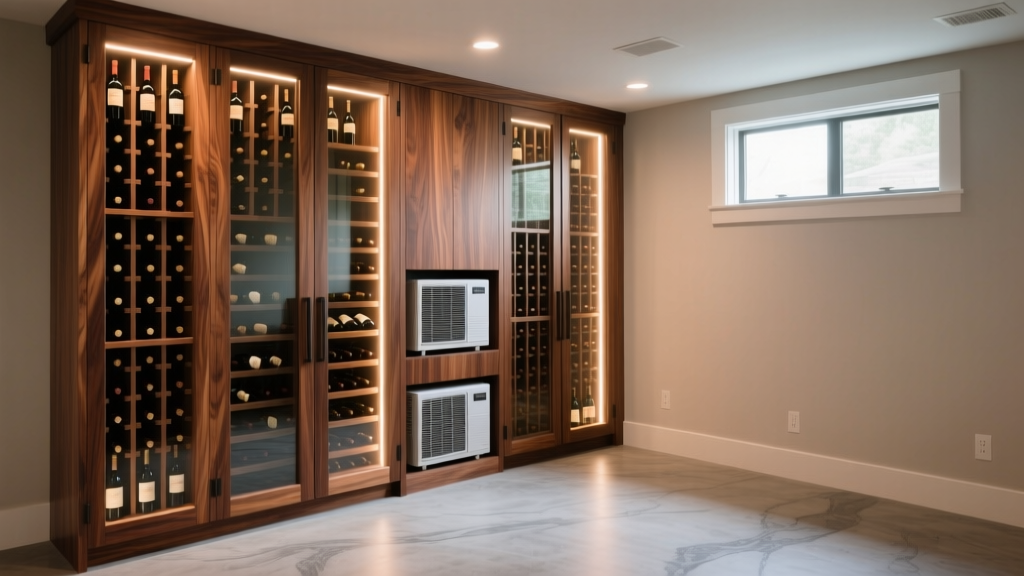 Custom mahogany wine cellar racking with LED backlighting, glass door, and modern split cooling unit in a finished basement space