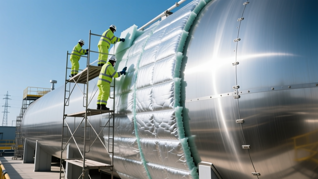 Workers installing cellular glass and aerogel insulation on a large stainless steel LNG cryogenic storage vessel at a facility